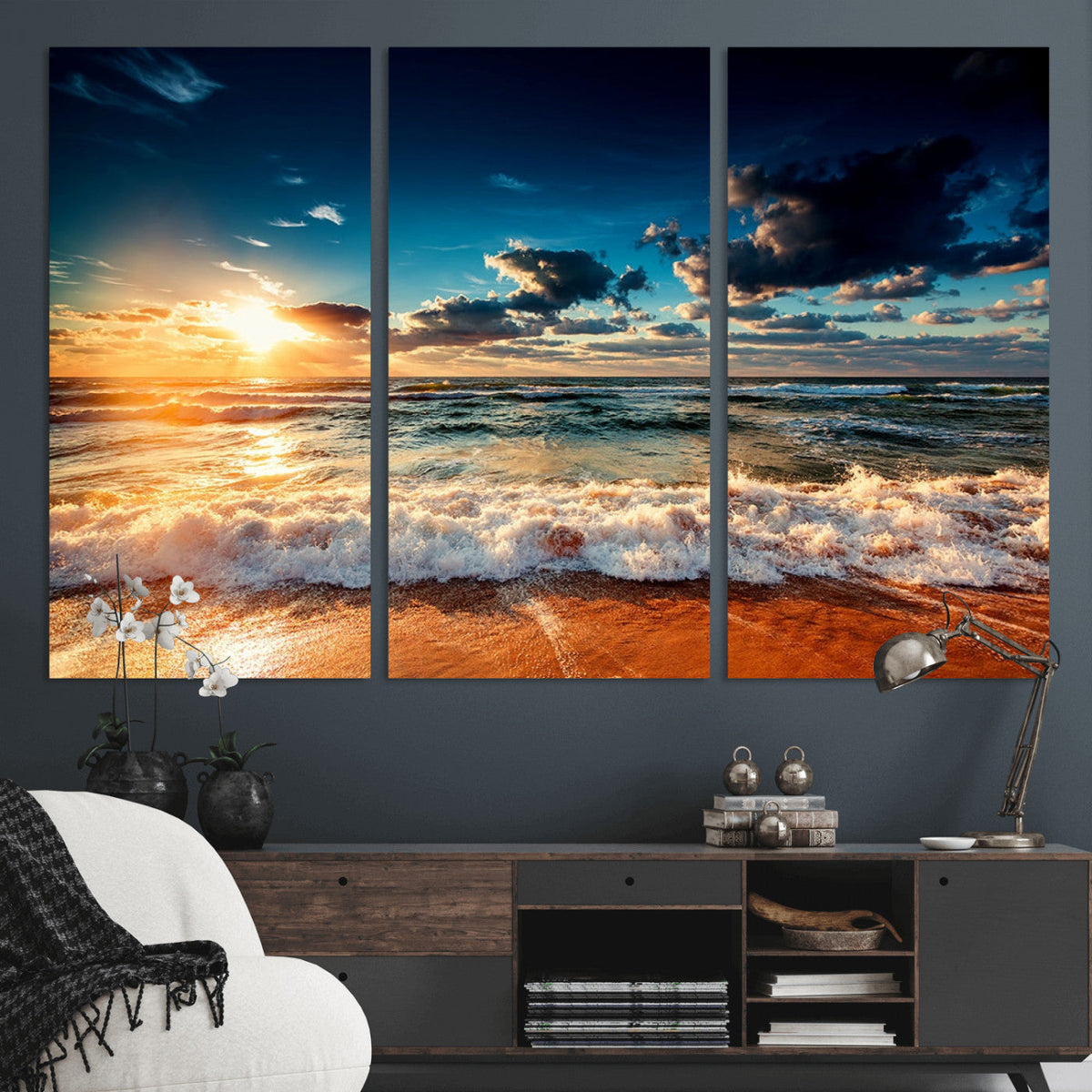 Golden Hour Sunset Over Ocean Waves Wall Art Canvas Print |