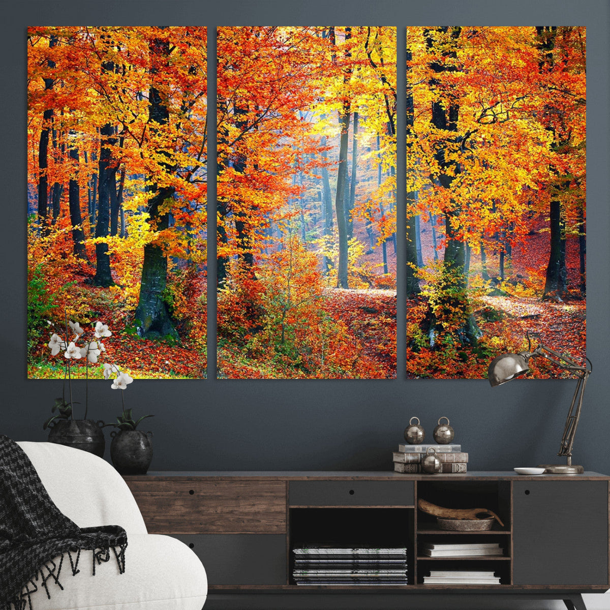 Autumn Red Forest Triptych Canvas Wall Art Print, Forest