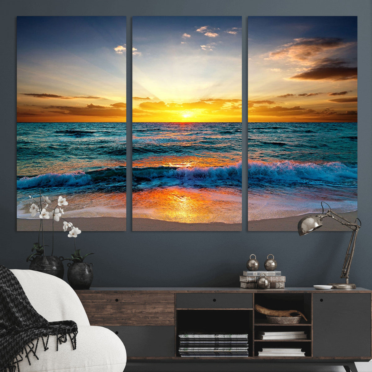 Vibrant Ocean Sunrise Over Golden Beach Waves, Giclee Canvas