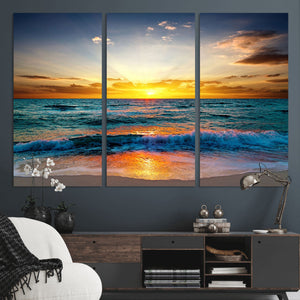 Vibrant Ocean Sunrise Over Golden Beach Waves, Giclee Canvas