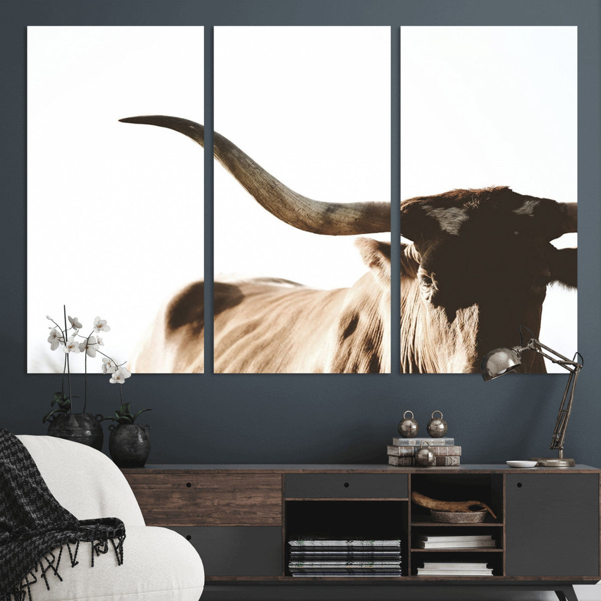 Texas Longhorn Wall Art Canvas Print | 3-Panel Large