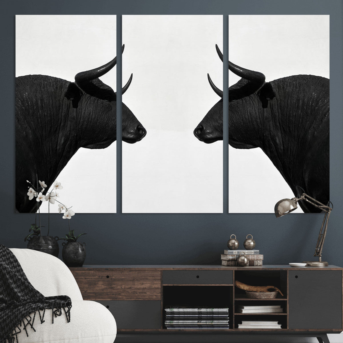 Spanish Bull Art - Framed Black and White Bull Canvas Print