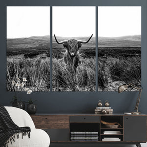 Black and White Highland Cow Canvas Wall Art, Longhorn