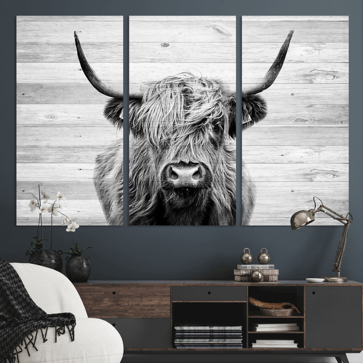 Scottish Highland Cow Cattle Art Print on Wood Background