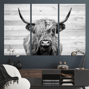 Scottish Highland Cow Cattle Art Print on Wood Background