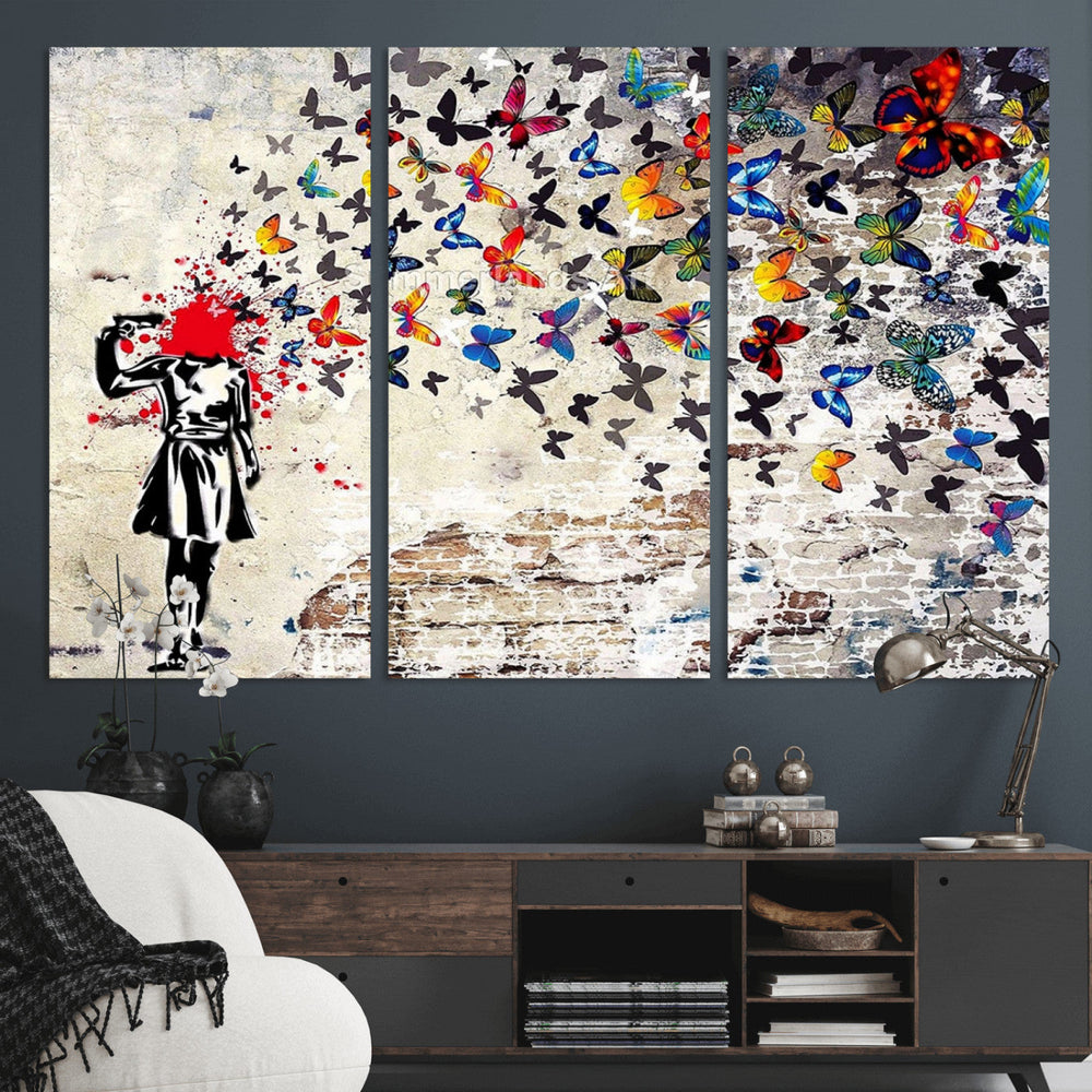 Banksy Art Butterfly Girl Explosion Canvas Art – Vibrant