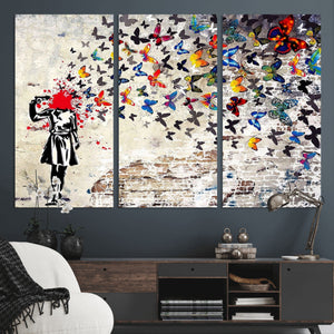 Banksy Art Butterfly Girl Explosion Canvas Art – Vibrant