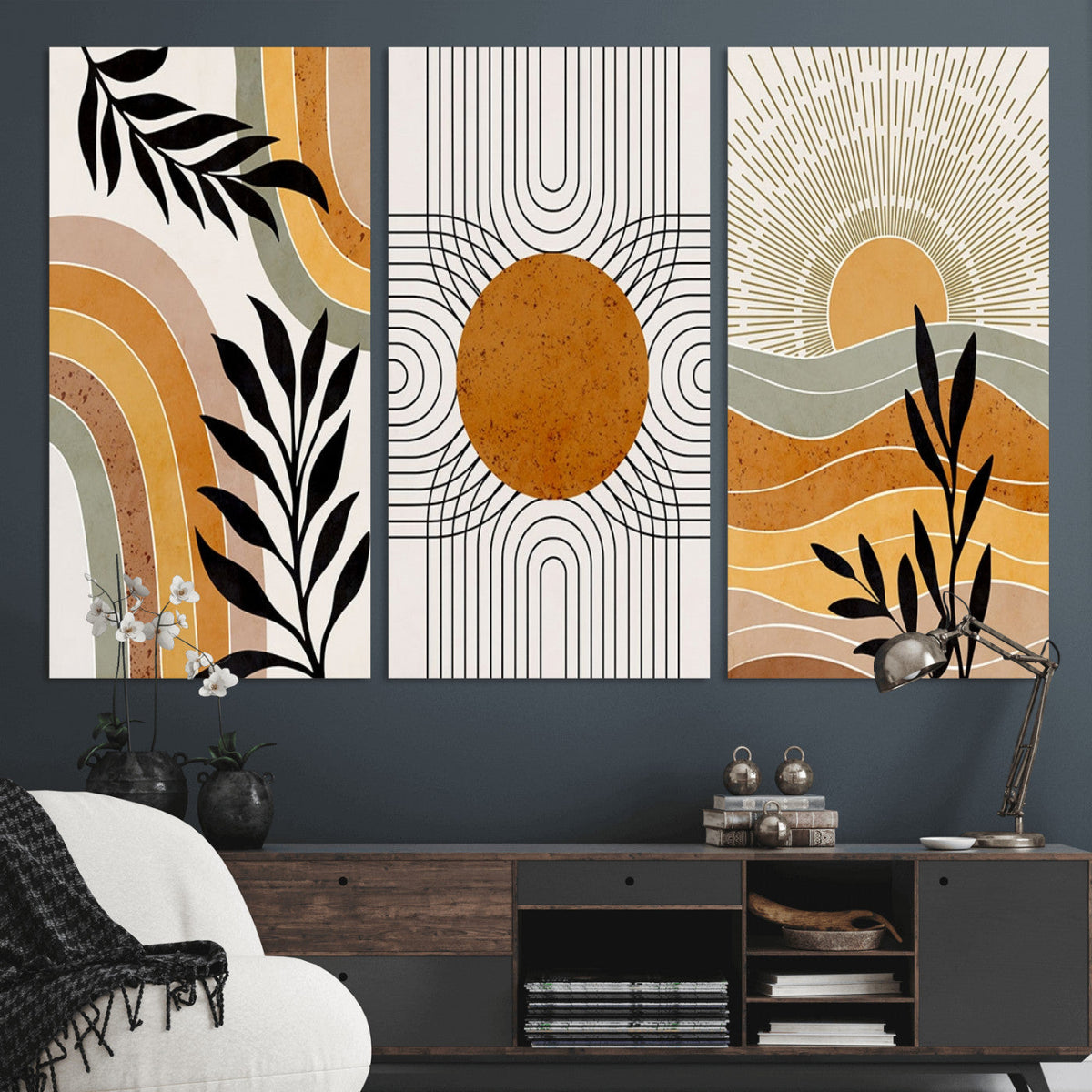 Modern Boho Sun and Leaf Abstract Art – 3-Panel Giclée