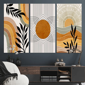Modern Boho Sun and Leaf Abstract Art – 3-Panel Giclée