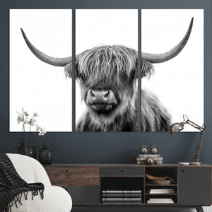 Grayscale Scottish Highland Cow Cattle Art Print Farmhouse