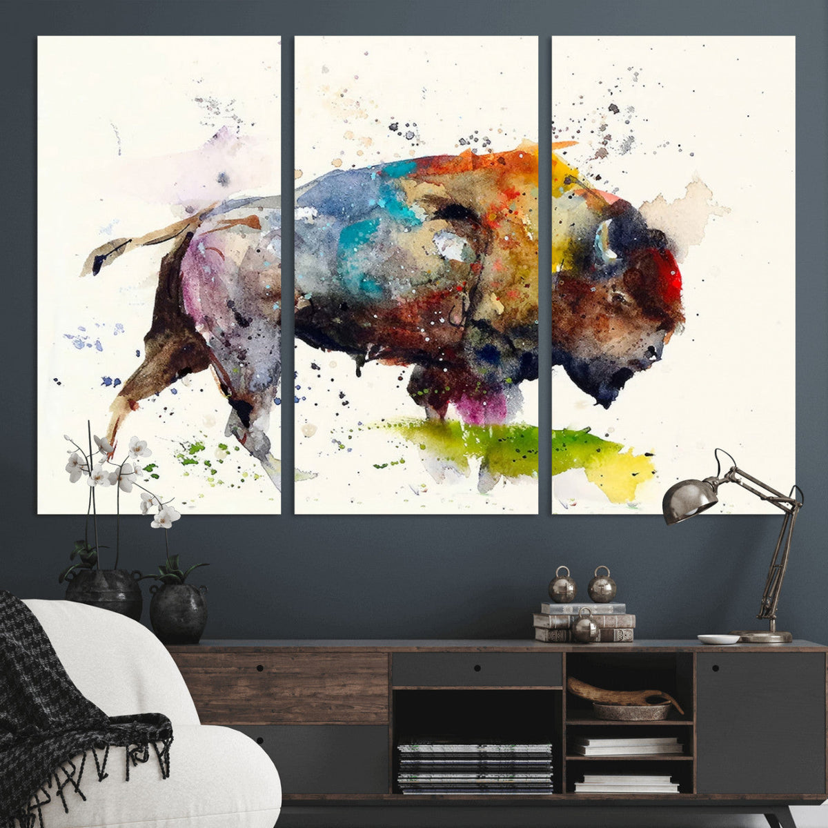 Abstract Buffalo Wall Art, Western Watercolor Bison Canvas