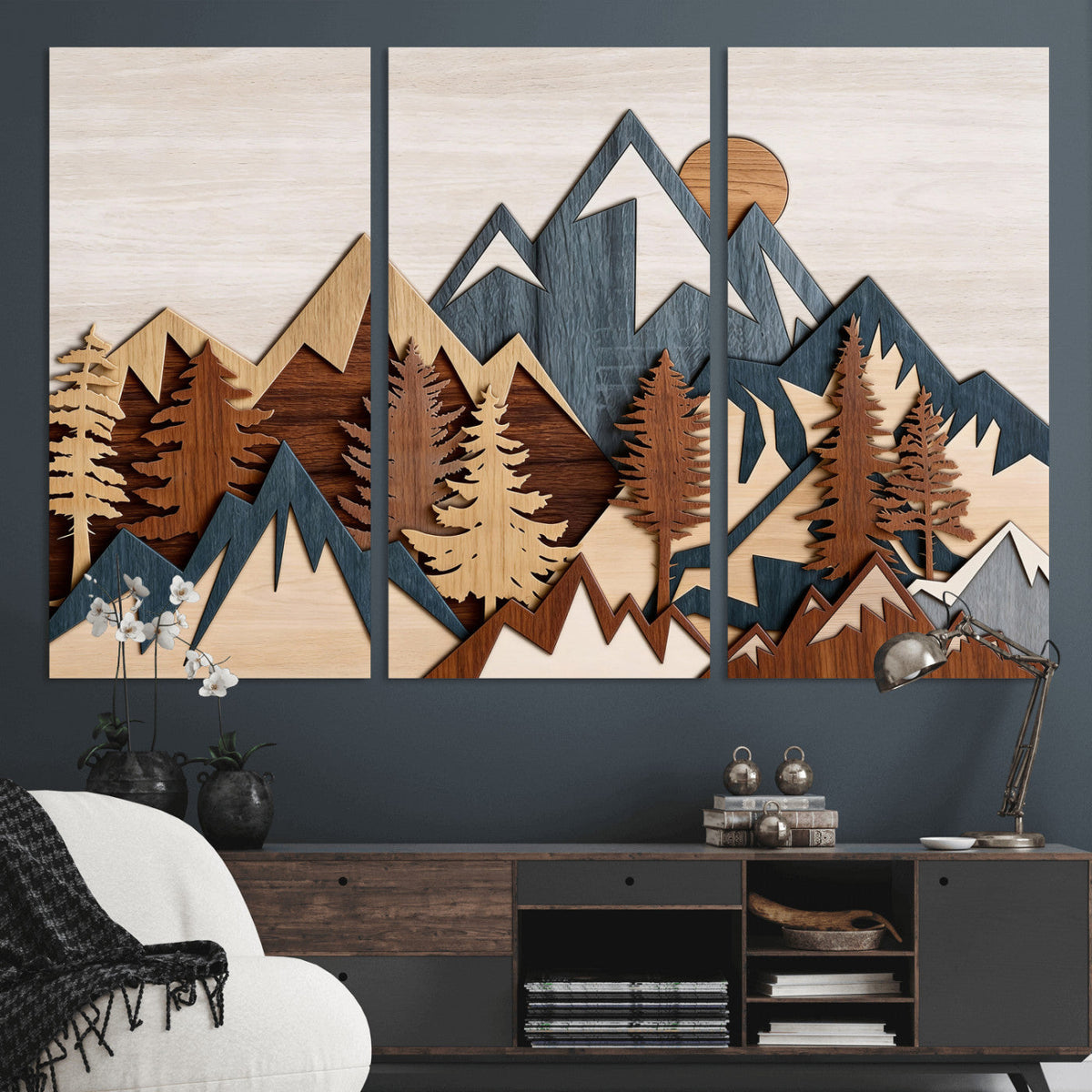 Rustic Abstract Wood Panel Effect Canvas Mountain Range Top
