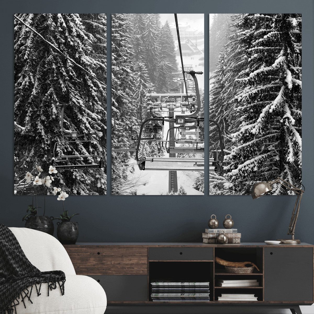 Winter Ski Lift Black and White Canvas Wall Art – Alpine