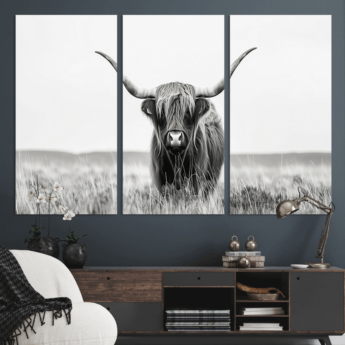 Highland Cow Canvas Wall Art – Majestic Beauty in Black and