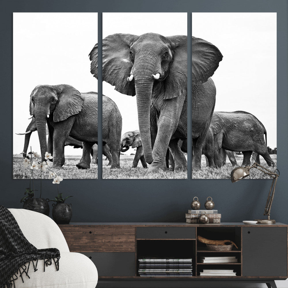 Black White Elephant Family Wall Art Canvas Print