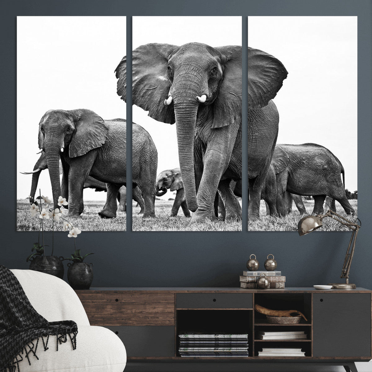 Black White Elephant Family Wall Art Canvas Print