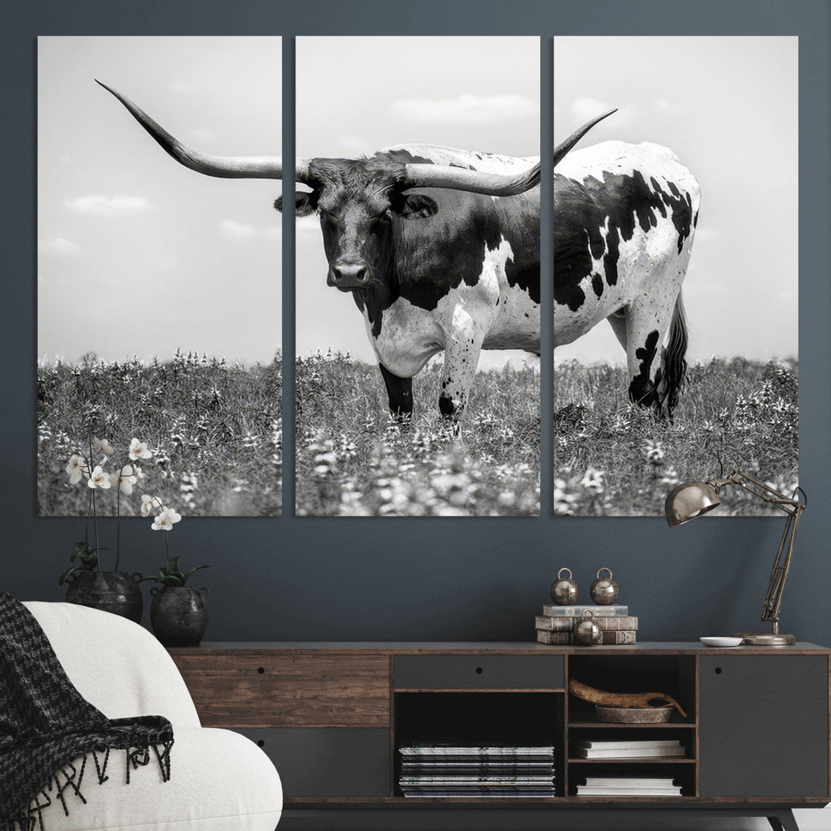 Texas Black White Highland Longhorn Cow Wall Art Canvas