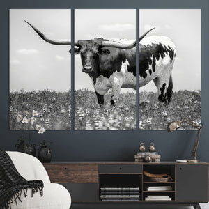Texas Black White Highland Longhorn Cow Wall Art Canvas