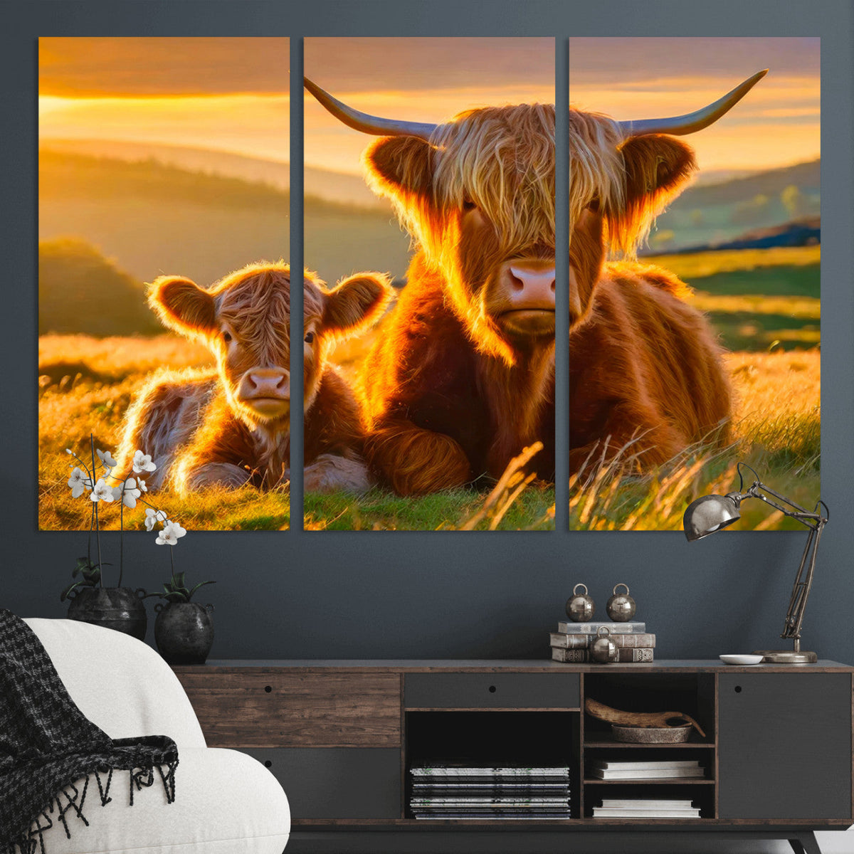 Scottish Cow and Baby Cow Canvas Wall Art Animal Print