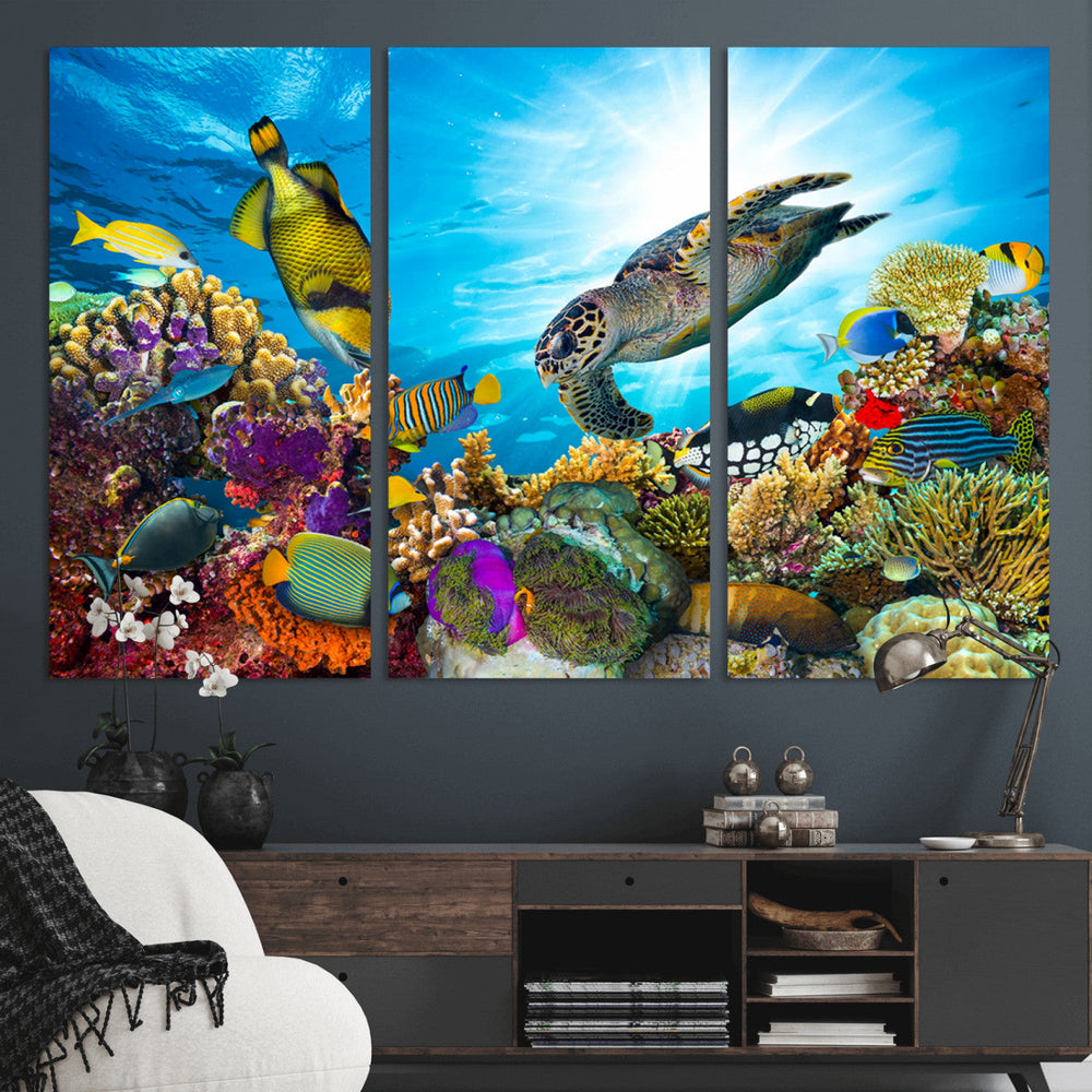 Colorful Coral Reef and Sea Life Turtle Canvas Print,