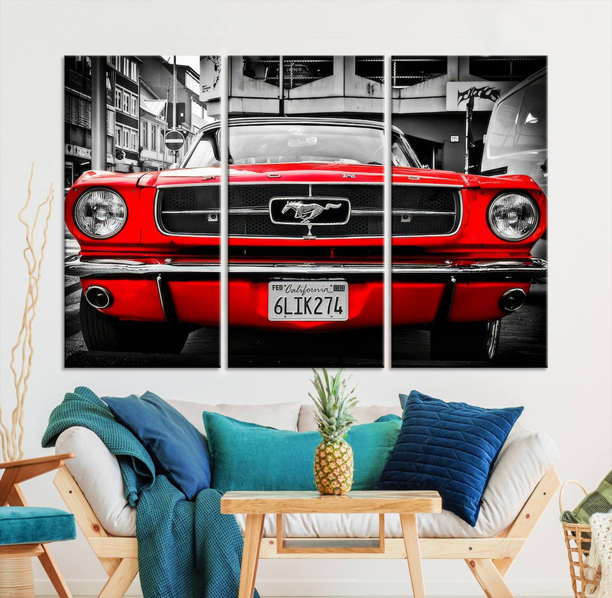 Red Mustang Car Wall Art – Framed Classic Vehicle Canvas