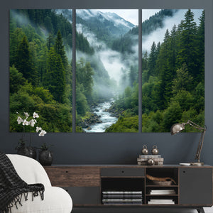 Mountain Forest River Canvas Wall Art Print - Serene Nature