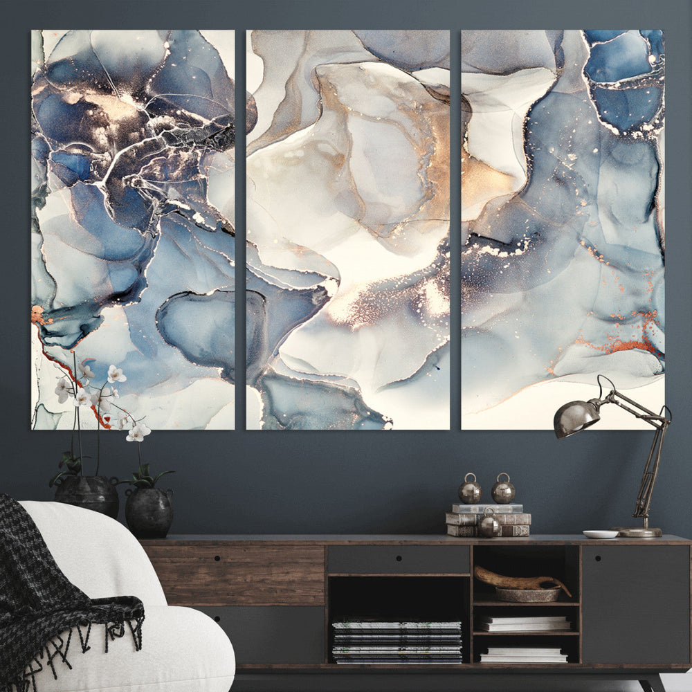 Abstract Blue and Gold Canvas Wall Art - Fluid Modern Ink