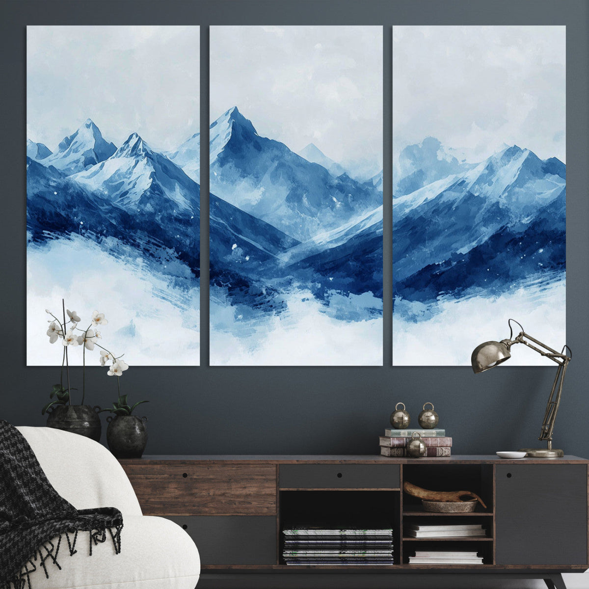 Blue Mountains Wall Art – Framed Snowy Range Canvas Artwork,