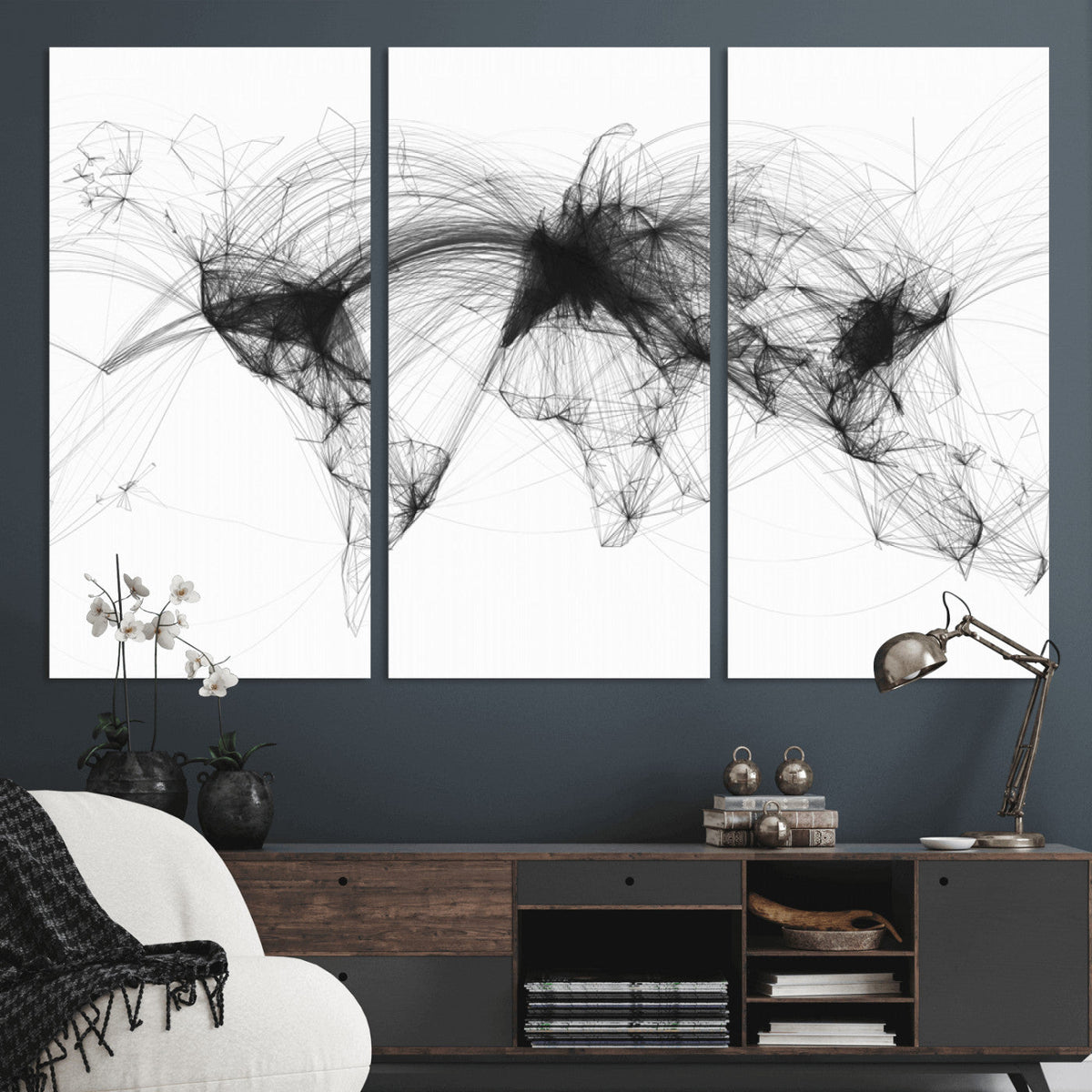 Flight Routes Air Traffic Map Canvas Wall Art - Framed -