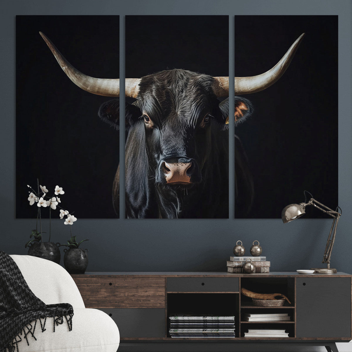 Majestic Longhorn Bull Wall Art Canvas Print – Dark