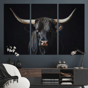 Majestic Longhorn Bull Wall Art Canvas Print – Dark
