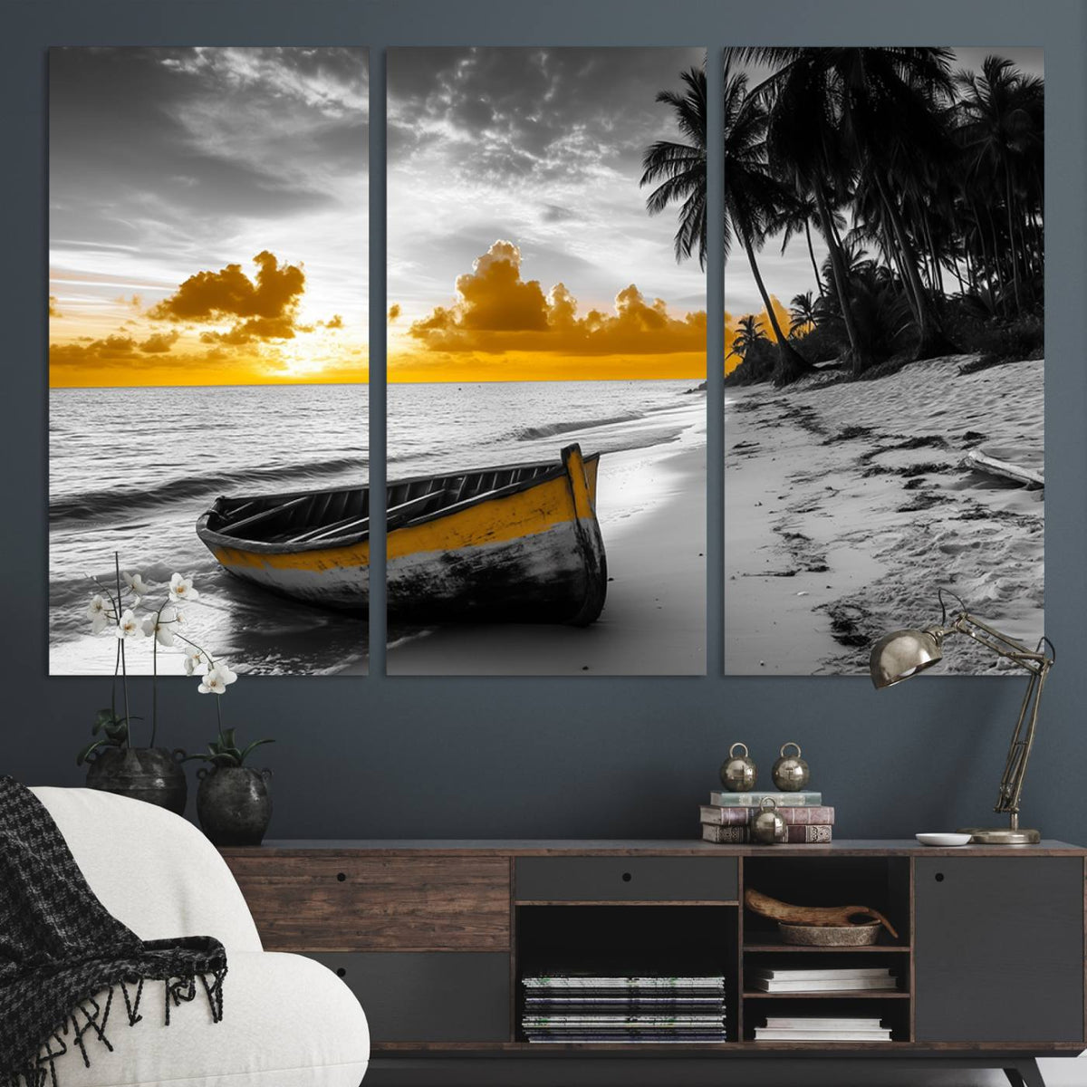 Yellow Rowboat Wall Art – Framed Tropical Shoreline Canvas