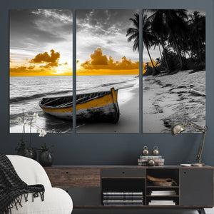 Yellow Rowboat Wall Art – Framed Tropical Shoreline Canvas