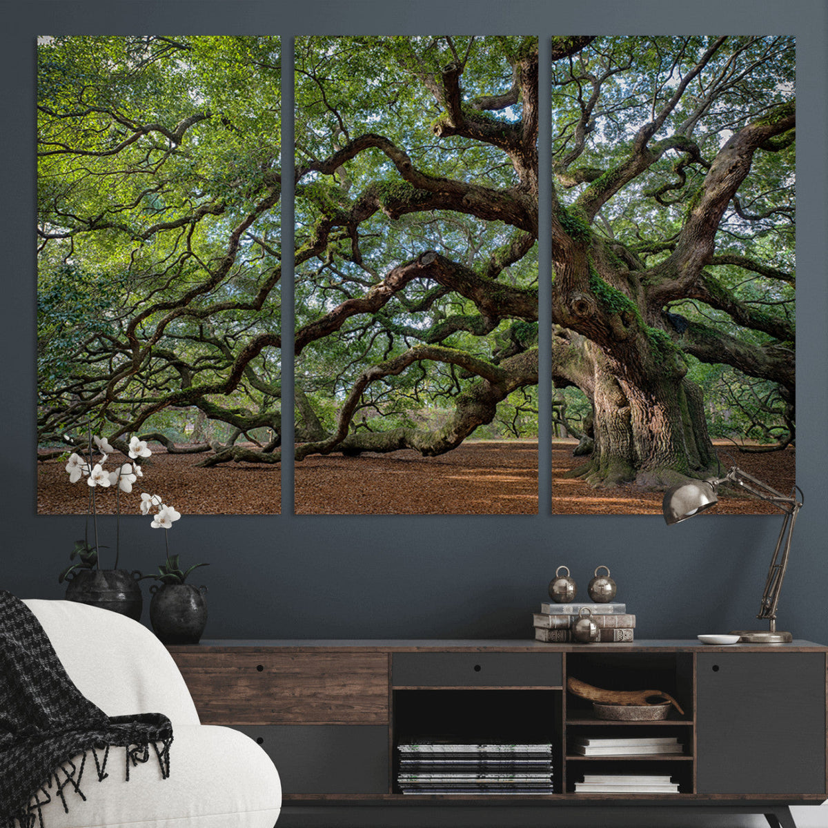 Historic Tree Wall Art – Framed Mossy Branch Canvas Artwork,