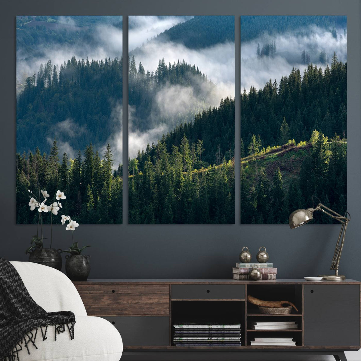 Misty Forest Wall Art Canvas Print, Serene Pine Hills and