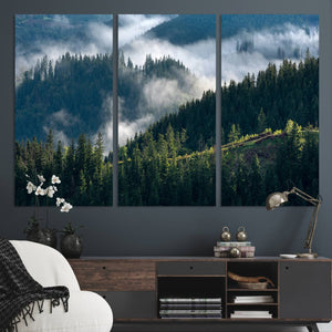 Misty Forest Wall Art Canvas Print, Serene Pine Hills and