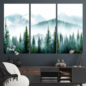 Pine Forest Wall Art Canvas Print – Misty Mountains Foggy