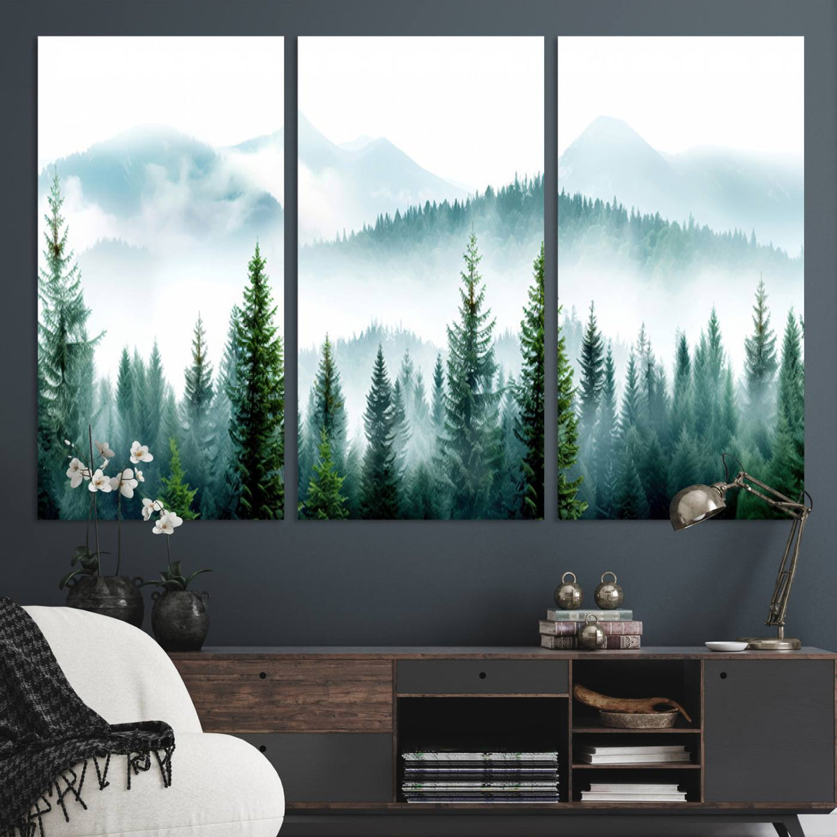 Pine Forest Wall Art Canvas Print – Misty Mountains Foggy
