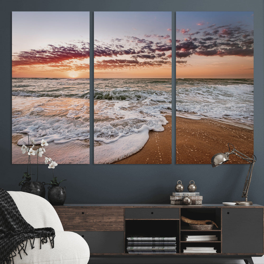 Ocean Sunset Wall Art Canvas Print – Framed Sandy Shore