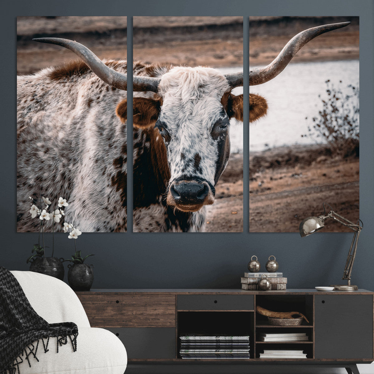 Texas Longhorn Wall Art Canvas Print – Framed Spotted Bull
