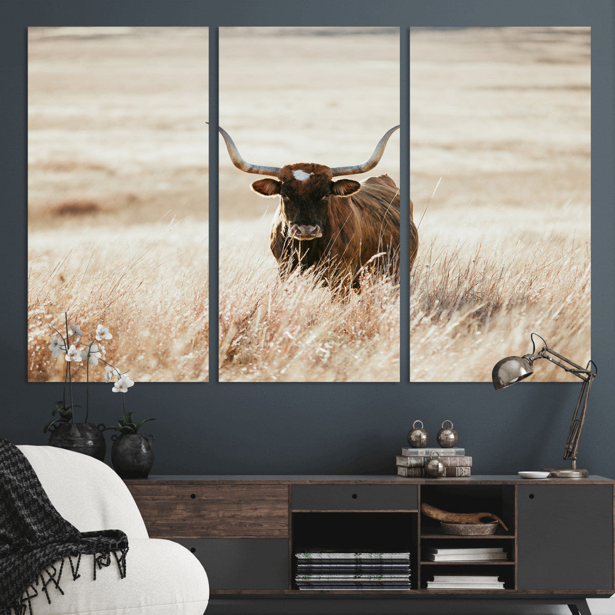 Texas Longhorn Wall Art Canvas Print – Framed Brown Horned