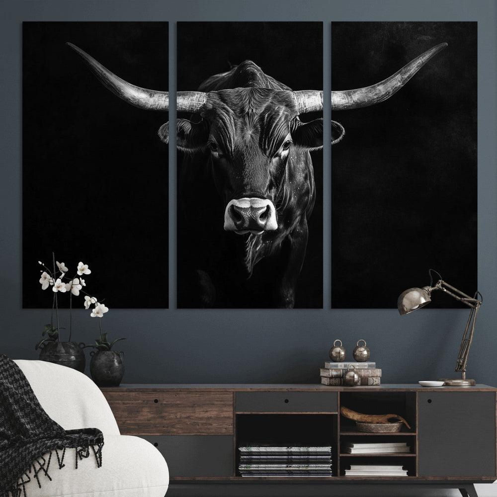 Texas Longhorn Wall Art Canvas Print – Framed Monochrome