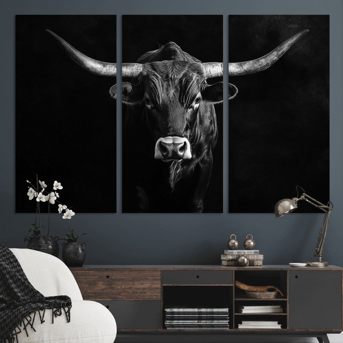 Texas Longhorn Wall Art Canvas Print – Framed Monochrome
