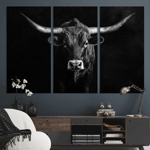 Texas Longhorn Wall Art Canvas Print – Framed Monochrome