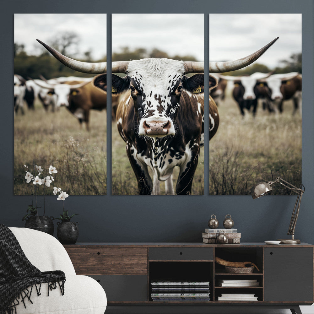 Texas Longhorn Wall Art – Framed Speckled Cow Canvas