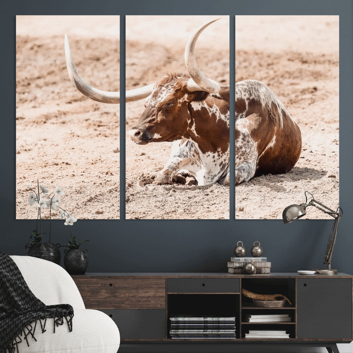 Texas Longhorn Wall Art – Framed Resting Bull Canvas