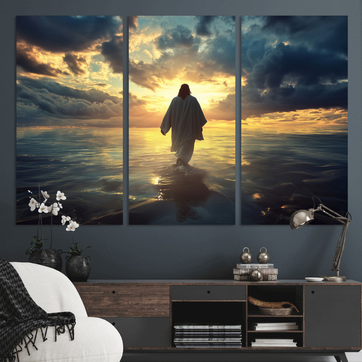Jesus Walks Wall Art Canvas Print Framed Divine Sunset Art