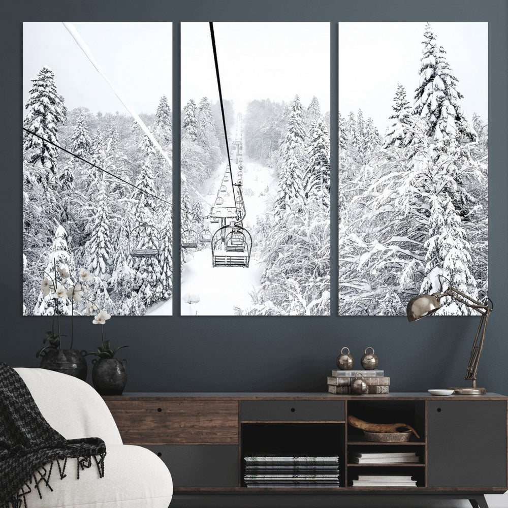 Snowy Ski Lift Wall Art – Framed Winter Mountain Canvas