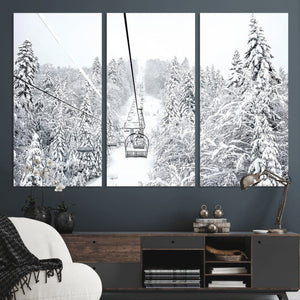 Snowy Ski Lift Wall Art – Framed Winter Mountain Canvas