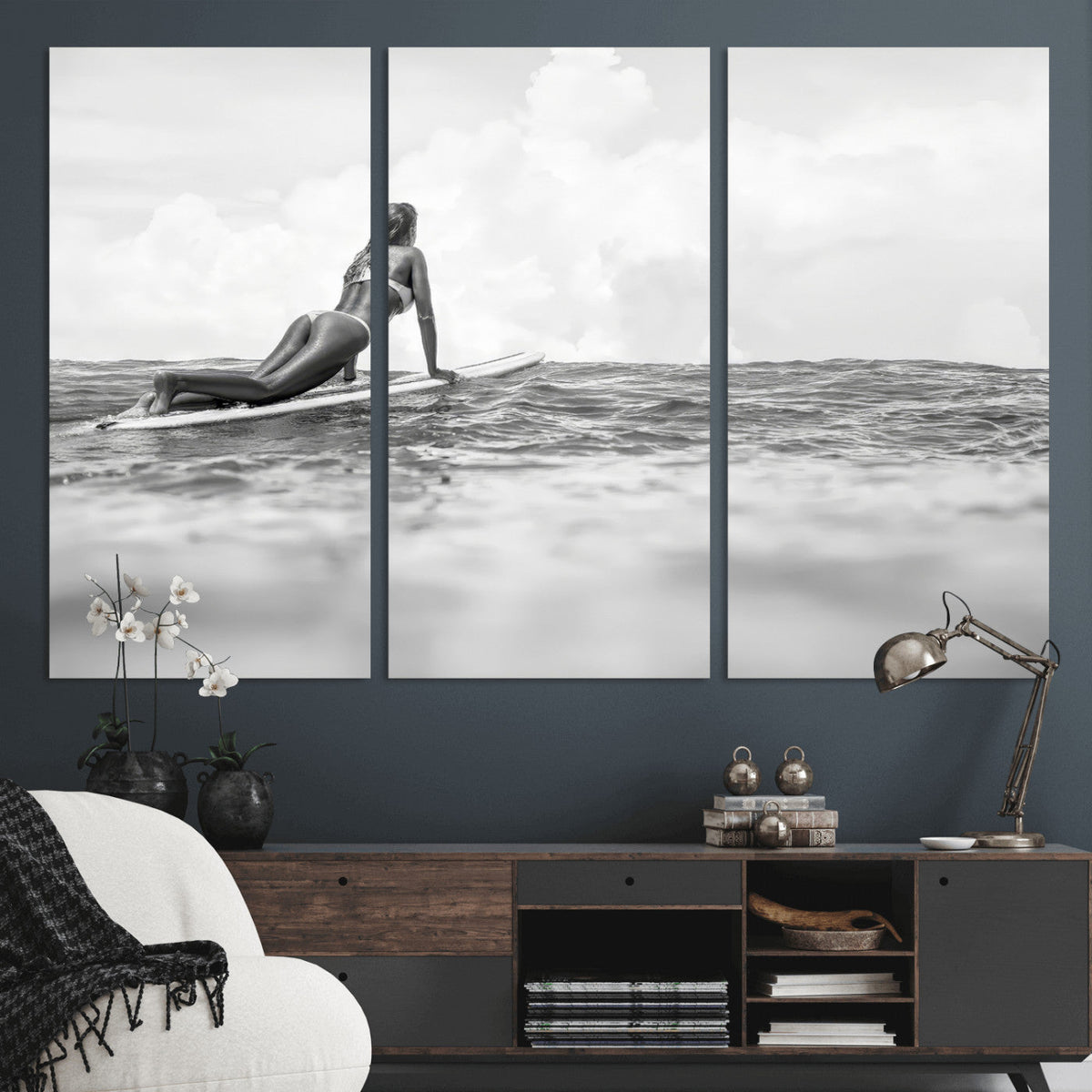 Black and White Surfing Wall Art Canvas Print – Framed Ocean